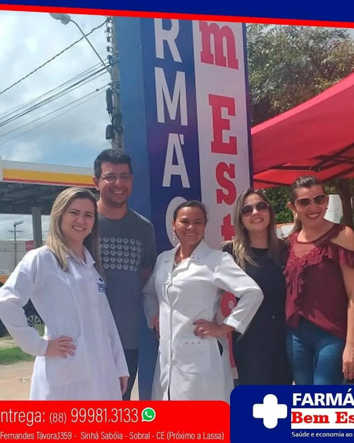 Equipe da Farmácia Bem Estar em frente à fachada da loja